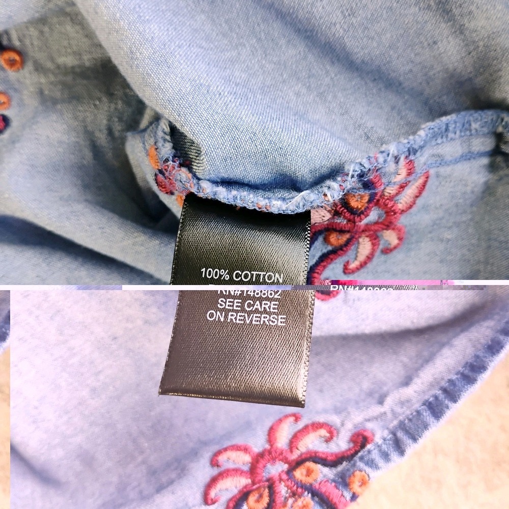 Torrid Belle Isle Embroidered Chambray Top Womens 3X Blue Ruffle Neck Boho - Picture 9 of 12